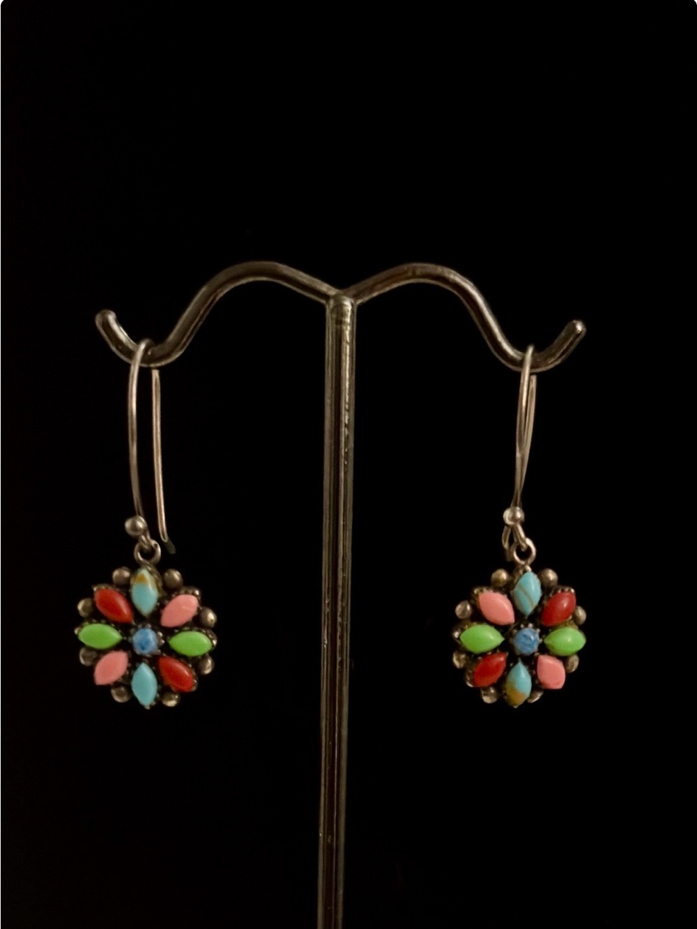 Sterling Silver Southwestern Style Multi Colored Stones Pierced Dangle Earrings
